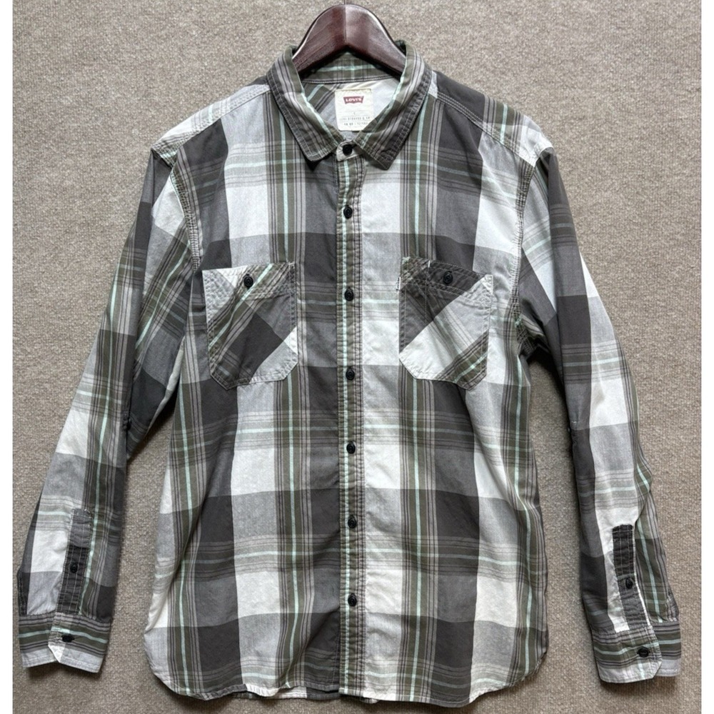 Levi's Men's Shirt Large Western Plaid Button Long Sleeve Green Ranch Cowboy